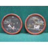 PAIR OF LACQUERED CIRCULAR PANELS WITH MOTHER OF PEARL HAND GILDED ORIENTAL SCENES,