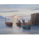 B. BOOTH, FRAMED WATERCOLOUR DEPICTING FISHER BOATS, APPROXIMATELY 33.5cm x 42.