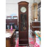 LARGE MAHOGANY FREESTANDING CLOCK WITH SILVER COLOURED DIAL