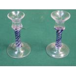 PAIR OF LANGHAM BLUE DECORATIVE AIR TWIST CANDLESTICKS BY PAUL MILLER, APPROXIMATELY 17.