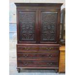 CARVED ANTIQUE MAHOGANY LINEN PRESS