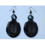 PAIR OF CARVED BAKELITE/JET VICTORIAN STYLE DROP EARRINGS AND MATCHING BROOCH