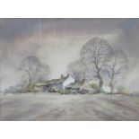 GEORGE ALLAN, FRAMED WATERCOLOUR AND INK DEPICTING A WINTER FARMYARD SCENE,