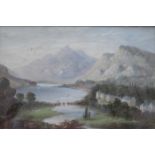 UNSIGNED OIL PAINTING DEPICTING A MOUNTAIN SCENE, APPROXIMATELY 14cm x 21.