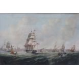 TWO SIMILAR FRAMED POLYCHROME PRINTS DEPICTING AMERICAN NAVAL FLEET AT SEA AND TALL SHIPS COMING