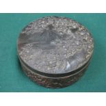 RELIEF DECORATED ORIENTAL STYLE BRONZE EFFECT CIRCULAR STORAGE BOX WITH COVER,