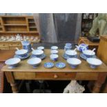 PARCEL  OF ORIENTAL BLUE AND WHITE TEAWARE INCLUDING TEAPOT, COFFEE POT, RICE BOWLS, ETC.