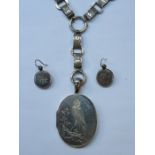 SILVER COLOURED OVAL LOCKET ON CHAIN AND EARRINGS