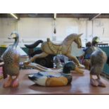 THREE TREEN DUCKS AND MINIATURE CARVED TREEN ROCKING HORSE