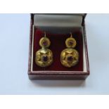 PAIR OF UNHALLMARKED VICTORIAN STYLE GOLD COLOURED DROP EARRINGS SET WITH PURPLE STONES