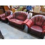 RED LEATHER CHESTERFIELD STYLE THREE PIECE SUIT,