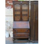 OAK BUREAU BOOKCASE WITH LEADED GLASS DOORS