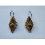 PAIR OF UNHALLMARKED VICTORIAN GOLD COLOURED EARRINGS SET WITH CLEAR STONES AND PURPLE STONE
