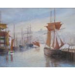 B. BOOTH, FRAMED WATERCOLOUR DEPICTING SAILING BOATS I HARBOUR SCENE, APPROXIMATELY 33.5cm x 41.