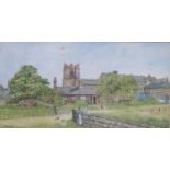 R.W. DIPPLE, FRAMED WATERCOLOUR DEPICTING A FARMYARD SCENE WITH CHURCH, APPROXIMATELY 25.