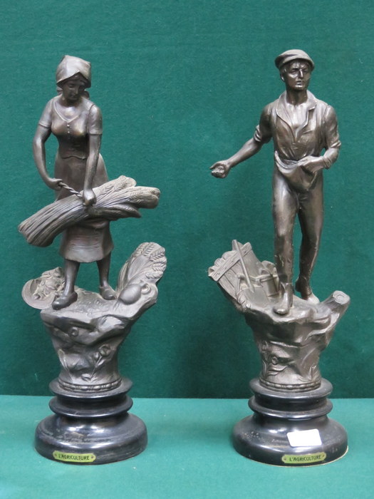 PAIR OF FRENCH STYLE SPELTER FIGURES ON EBONISED BASES, 'L'AGRICULTURE',