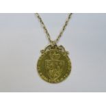 GEORGE III SPADE GUINEA ON 9ct GOLD CHAIN