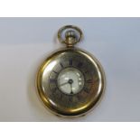 9ct GOLD HALF HUNTER POCKET WATCH WITH ENAMELLED DIAL BY WALTHAM