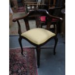 EDWARDIAN MAHOGANY STRING INLAID & UPHOLSTERED CORNER ARMCHAIR