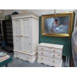 MODERN STAINED PINE TWO DOOR WARDROBE AND CHEST OF DRAWERS