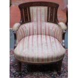 PRETTY MAHOGANY INLAID UPHOLSTERED EASY ARMCHAIR