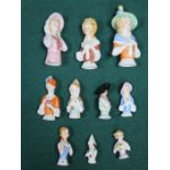 TEN VARIOUS HAND PAINTED CERAMIC PIN CUSHION DOLLS