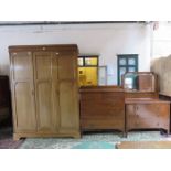 EDWARDIAN MAHOGANY TRIPLE WARDROBE WITH MATCHING DRESSING TABLE AND TWO OVER THREE CHEST