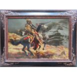 OIL ON CANVAS IN PRETTY FRAME DEPICTING AN AMERICAN RED INDIAN MOUNTED ON HORSEBACK,