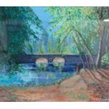 SHIRLEY NORRISS, FRAMED ACRYLIC PAINTING DEPICTING YOSEMITE RIVER,