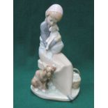 LLADRO GLAZED CERAMIC FIGURE OF A SEATED LADY WITH DOG AND SHEEP 23cm