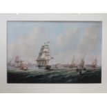 TWO SIMILAR FRAMED POLYCHROME PRINTS DEPICTING AMERICAN NAVAL FLEET AT SEA AND TALL SHIPS COMING