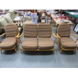 ERCOL THREE SEATER SETTEE AND MATCHING ARMCHAIRS