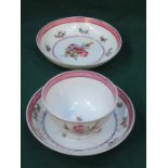 NEWHALL POTTERY 19th CENTURY HANDPAINTED FLORAL DECORATED TEA BOWL AND TWO SAUCERS