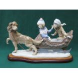 LLADRO GLAZED CERAMIC FIGURE GROUP - SLEIGH RIDE ON WOODEN PLINTH 30cm