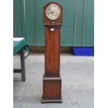 OAK CASED GRANDMOTHER CLOCK WITH SILVER COLOURED DIAL