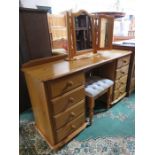 MODERN PINE EIGHT DRAWER DRESSING TABLE WITH THREE FOLD DRESSING MIRROR AND STOOL