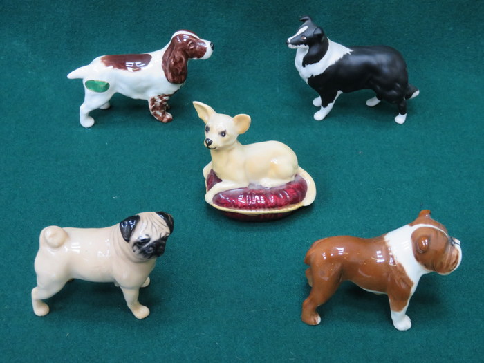 FIVE SMALL BESWICK CERAMIC DOGS INCLUDING SHEEP DOG, PUG "CUTMIL CUTIE", CHIHUAHUA,