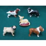 FIVE SMALL BESWICK CERAMIC DOGS INCLUDING SHEEP DOG, PUG "CUTMIL CUTIE", CHIHUAHUA,