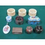 MIXED LOT INCLUDING SILVER NAPKIN RING, BONE NAPKIN RINGS, CLOISONNE POTS,