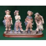 SET OF FOUR LLADRO GLAZED CERAMIC FIGURES - THE FOUR MUSKETEERS ON WOODEN PLYNTH