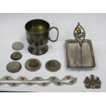 PRETTY SILVER PLATED SCOTTISH STYLE PIN TRAY, PLATED TANKARD, NECKLACE,