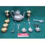 SUNDRY LOT INCLUDING PLATED TEAPOT, FLATWARE, INDIAN STYLE BRASSWARE, ETC.