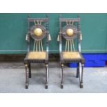 PAIR OF EBONISED WALNUT CHAIRS BY CARLO BUGATTI, PROFUSELY INLAID WITH PEWTER & WHITE WOOD,