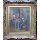 ALEX AUSTIN, GILT FRAMED OIL ON CANVAS - PLAYING CHESS,