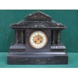 BLACK SLATE MANTLE CLOCK WITH ENAMELED AND GILT CIRCULAR DIAL,