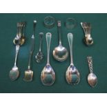 HALLMARKED SILVER SPOON STAMPED 'A S'. ALSO PLATED FLATWARE, NAPKIN RINGS, ETC.