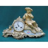 FRENCH STYLE GILT METAL FIGURE FORM MANTLE CLOCK WITH FLORAL DECORATED PORCELAIN PANELS,