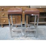 PAIR OF CHROME VINTAGE LEATHER UPHOLSTERED BAR STOOLS