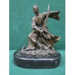 BRONZE EFFECT FIGURE OF A SAMURAI ON MARBLE BASE, SIGNED 'RAMIKO',