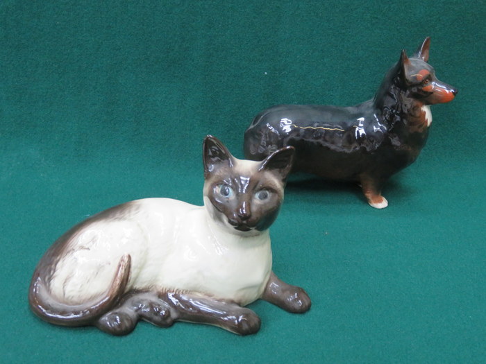 BESWICK GLAZED CERAMIC SIAMESE CAT NO 1559 & BESWICK GLAZED CERAMIC CORGI "BLACK PRINCE" NO 1299